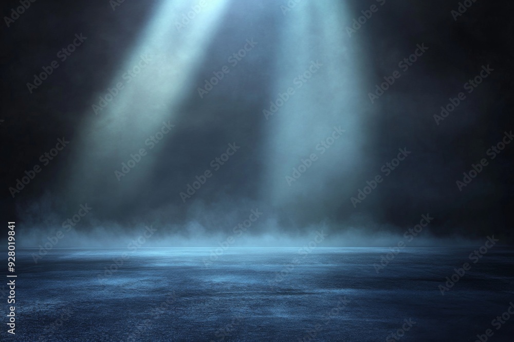 Poster abstract blue light rays illuminating foggy dark space with spotlight on empty asphalt floor, creati