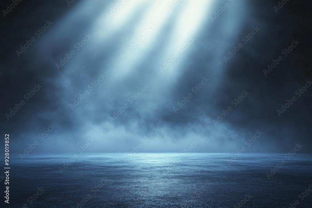Poster abstract blue light rays illuminating foggy dark space with spotlight on empty asphalt floor, creati