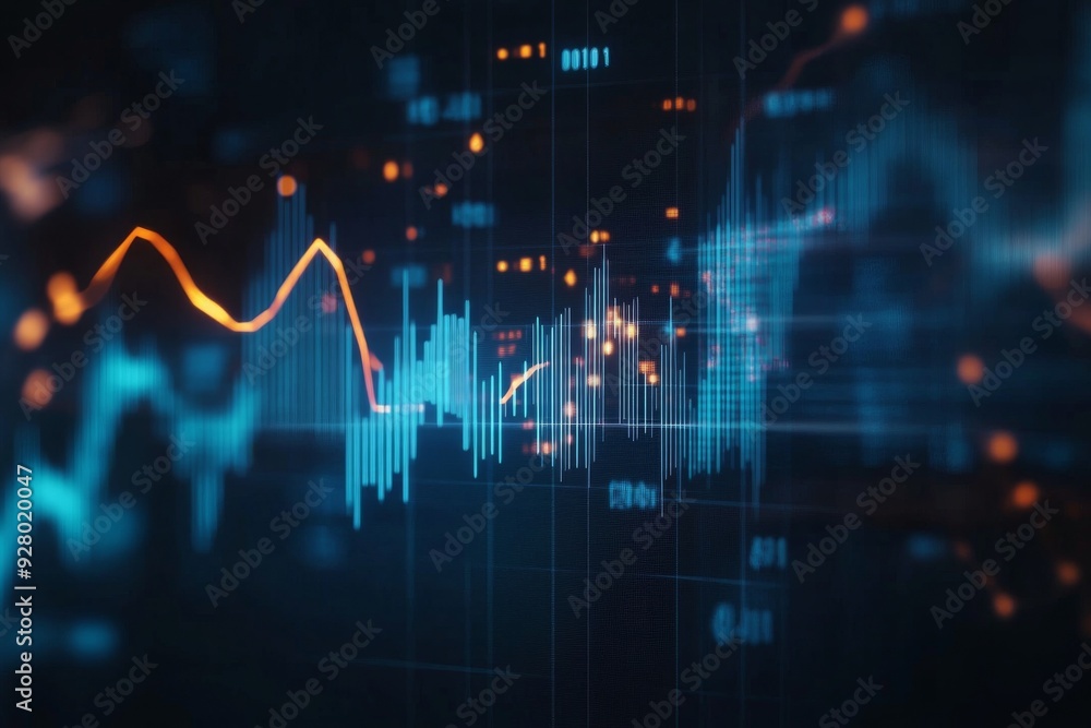 Poster dynamic stock market graph with blue and orange lines on dark background, featuring candlestick char