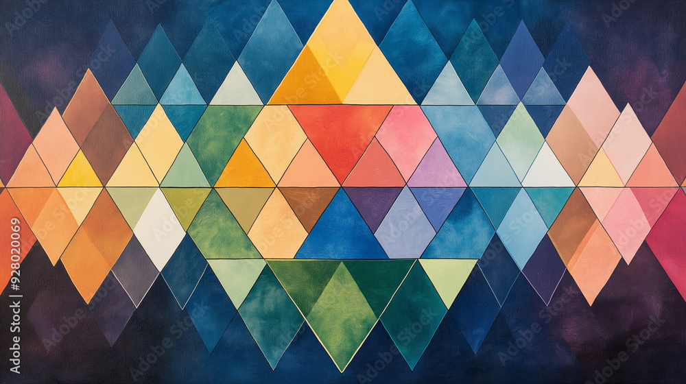 Poster a complex colorful geometric pattern, kaleidoscopic in shape like the star of david or mandala.
