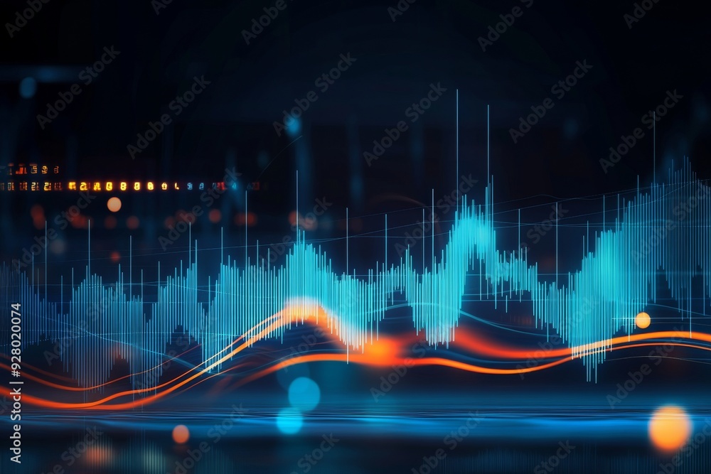 Poster dynamic stock market graph with blue and orange lines on dark background, featuring candlestick char