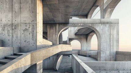 A concrete building with a series of arches and a staircase.