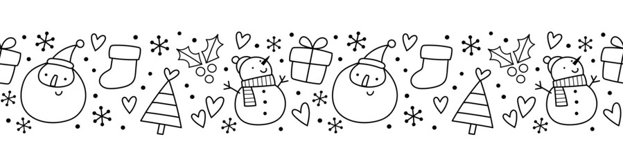 Cute and Fun Christmas Seamless Border with Santa face, Snowman, Tree, Holly, and accessory motifs in hand-drawn line art style.