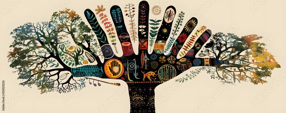 Poster abstract tree with hand-shaped branches and symbolic elements