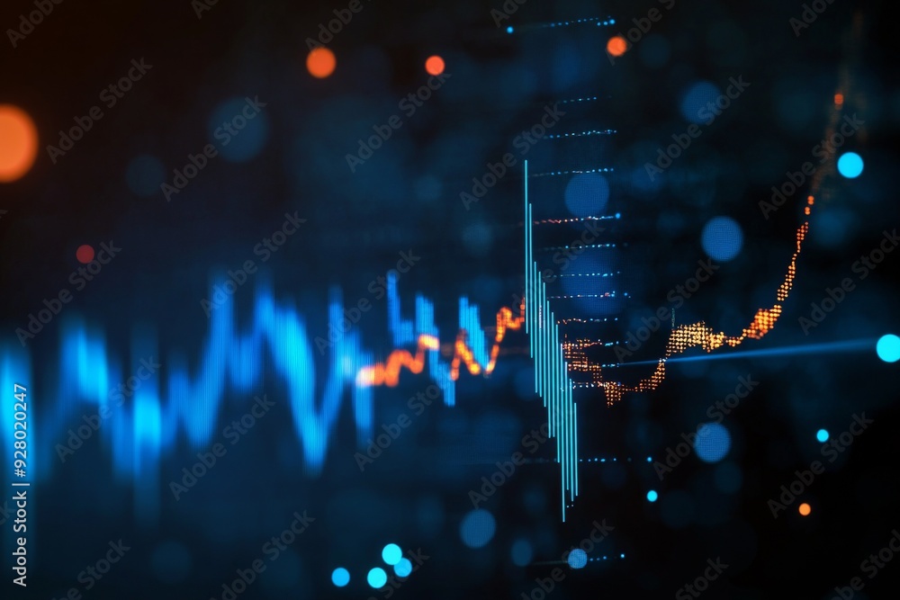 Poster dynamic stock market graph with blue and orange lines on dark background, featuring candlestick char