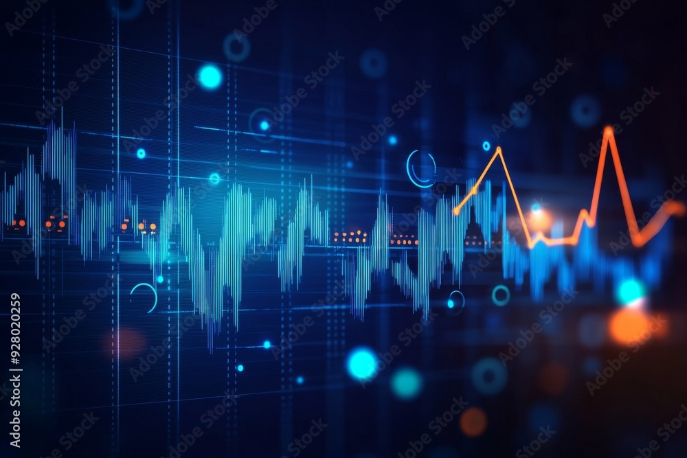 Poster dynamic stock market graph with blue and orange lines on dark background, featuring candlestick char