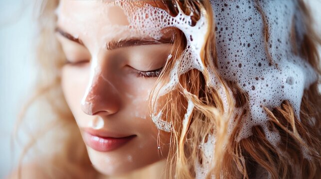 Close-up of a woman's face covered in white lather, with soft, red hair.