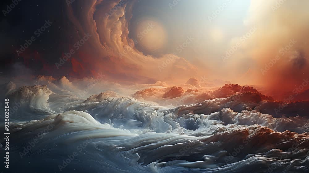 Poster a mesmerizing view of an ethereal landscape with swirling clouds and distant suns, creating a breath