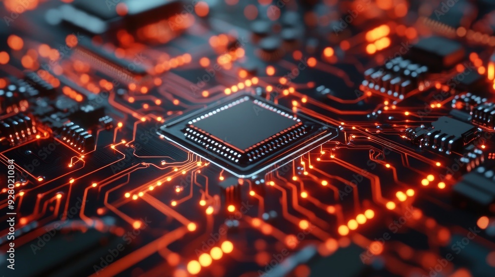 Aufkleber close up of a glowing computer chip on a circuit board.