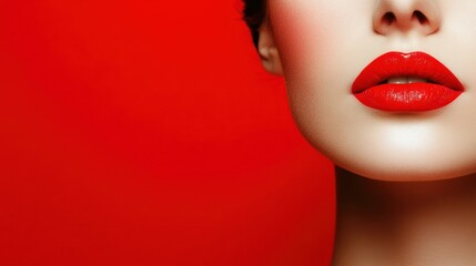Close-up of a woman's mouth with bright red lipstick on a red background.