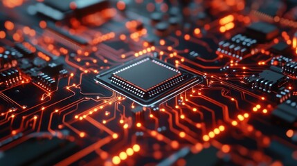 Fototapeta premium Close up of a glowing computer chip on a circuit board.