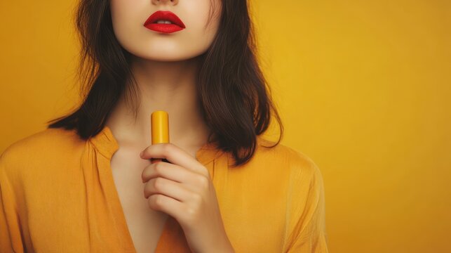 Close-up of woman's face with red lips and hand holding yellow lipstick.