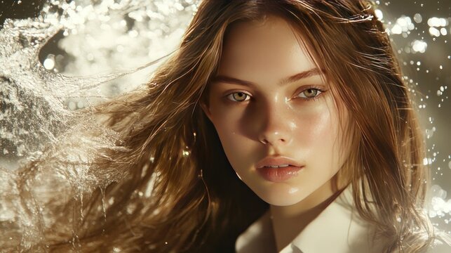 A young woman with long brown hair looks directly at the camera with a thoughtful expression. The photo is soft-focus, creating a dreamy, ethereal atmosphere. 