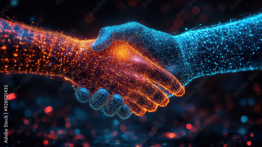 Poster a digital handshake representing trust, with layers of encryption and cybersecurity symbols
