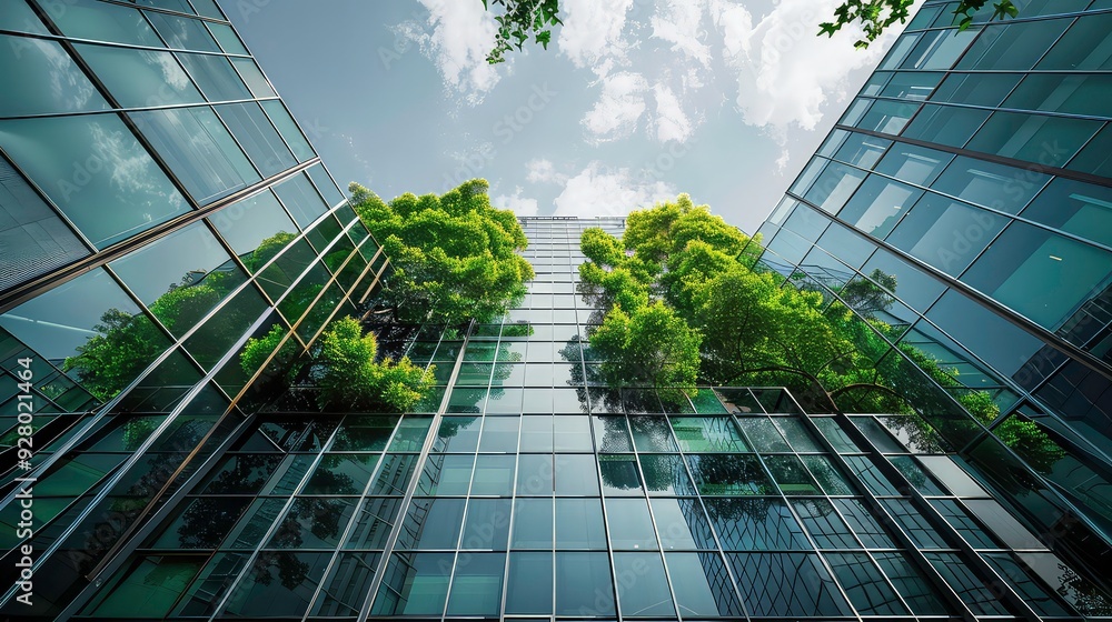 Poster a low angle view of a modern glass building with trees growing in front of it, reflecting in the win