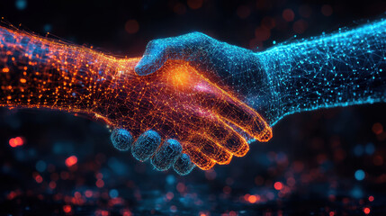 A digital handshake representing trust, with layers of encryption and cybersecurity symbols