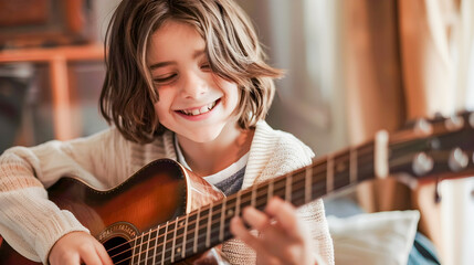 Fototapeta premium Joyful Youth Practicing Guitar Enjoying the Timeless Melody and Embrace of Music in Relaxing Indoor Setting