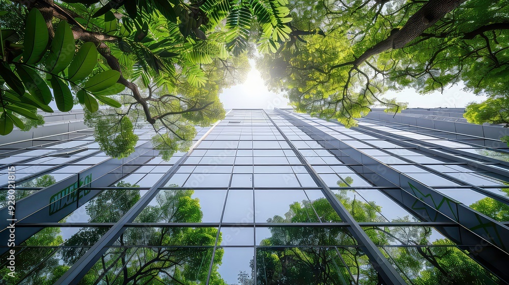 Poster a low angle view of a modern glass building with trees reflecting in the windows.