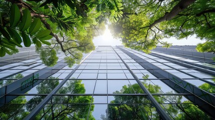 A low angle view of a modern glass building with trees reflecting in the windows.