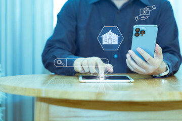 Hand of man touching icon on tablet search for find information data about home. Search advertising for rent or buy a home. Search Engine Optimization.