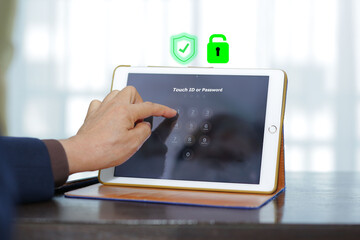 Tablet screen open to an online web page secure login with ID.or password.