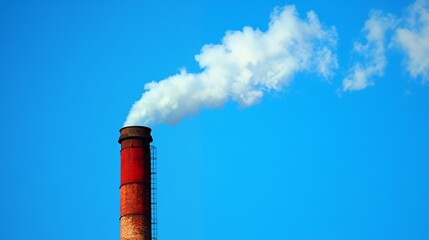 A red and black smokestack with white smoke billowing against a clear blue sky.
