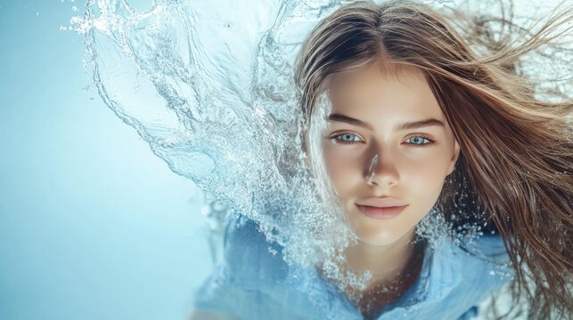Young woman with blue eyes looking at camera through water spray.