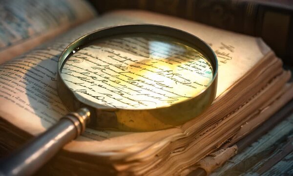 Vintage book open with magnifying glass on aged wooden table