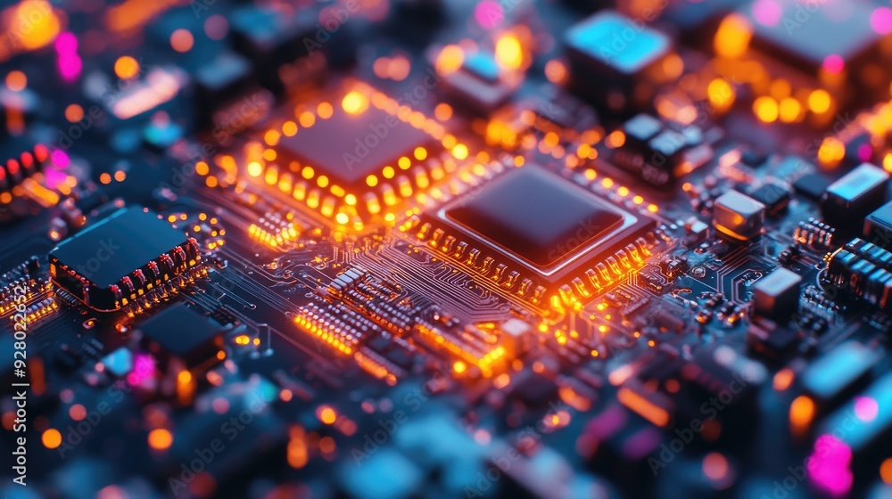 Aufkleber close-up of a glowing circuit board with a processor chip in the center.