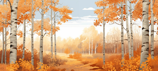 Beautiful autumn birch forest landscape background vector illustration. Autumn trees, yellow and orange leaves on aspen tree branches in the fall season.