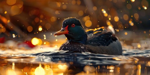 Close up of the common moorhen Gallinula chloropus swimming in a river