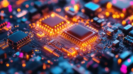 Fototapeta premium Close-up of a glowing circuit board with a processor chip in the center.