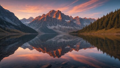 Majestic mountain reflection at sunrise over a still lake