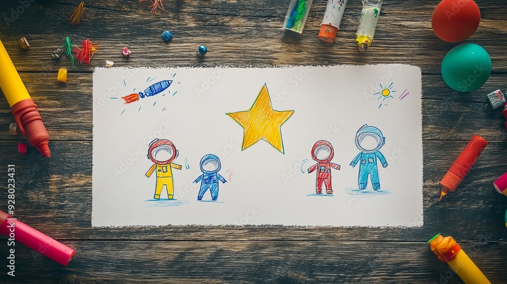 Wall mural charming child's artwork depicting astronauts on a cosmic adventure, vivid stars, and a space statio