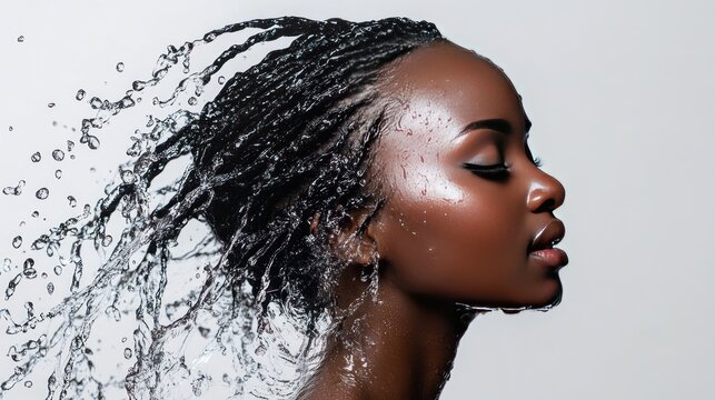 A beautiful black woman with wet hair and skin, looking away. The water is splashing around her face and hair.