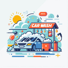 Fototapeta premium A cartoon drawing of a car wash with a car in the foreground