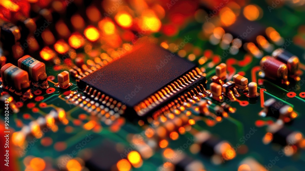 Aufkleber close-up of a microchip on a circuit board with red and orange lights reflecting off the surface.
