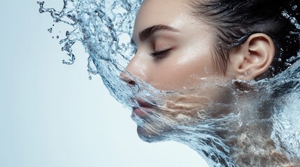 A woman's face is partially submerged in water, her eyes closed as she relaxes.  The water is splashing around her head, creating a beautiful abstract pattern.