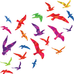 Flying bird flock silhouettes with color polygonal pattern