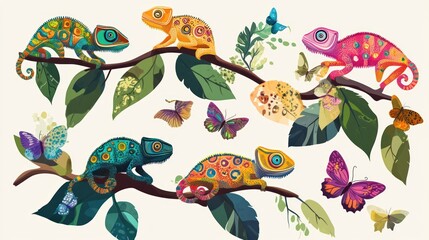 Colorful Chameleons on a Branch with Butterflies