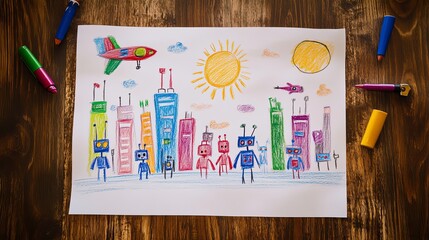 Charming Child's Artwork of Robot Family in Futuristic City, Glowing Sun, and Spaceship on Wooden Table. Whimsical Imagination and Creativity