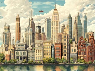 Obraz premium Stunning Cityscape with Diverse Architectural Styles and Skyscrapers Under a Vibrant Sky