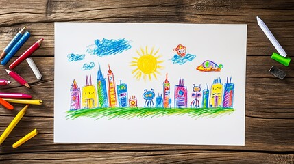 Charming Child's Artwork of Robot Family in Futuristic City, Glowing Sun, and Spaceship on Wooden Table. Whimsical Imagination and Creativity