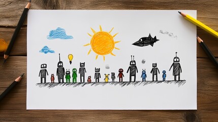 Charming Child's Artwork of Robot Family in Futuristic City, Glowing Sun, and Spaceship on Wooden Table. Whimsical Imagination and Creativity