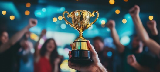 Office team celebrates with smiles and excitement, focusing on a gold trophy as a symbol of their success and accomplishment.