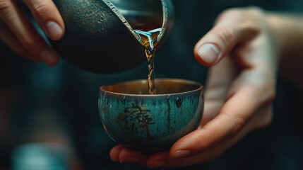 Close-up of hands pouring tea from a traditional teapot into a small cup.
