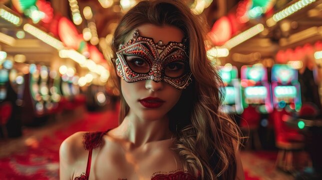 una bellissima donna con una maschera di carnevale all'interno di un casinoayU54YmZ4JAGUkE yU54YmZ4JAGUkE with generative ai