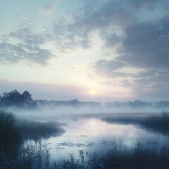 Obraz premium Misty Enchantment: Anime-Style Morning on the Ethereal Marsh, a Mystical Landscape for Fantasy Short Stories and Conservation Awareness,anime-style,illustration,Picture BooksFor Poster,Novel,UI,WEB,Ga
