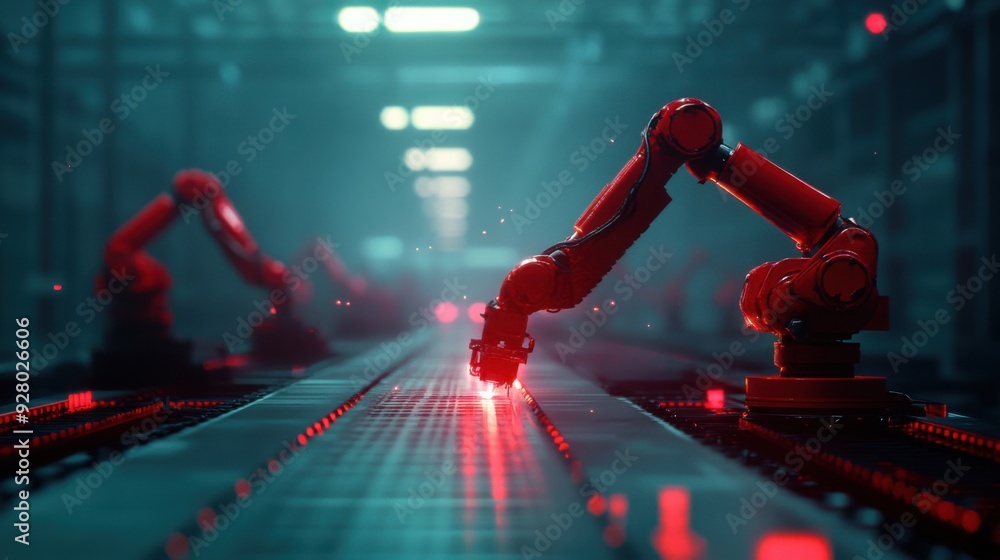 Aufkleber advanced robotic arms assembling devices in futuristic factory - 3d illustration of automated manufa