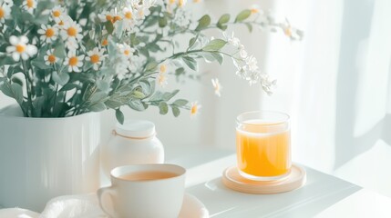 Bright Morning Scene with Fresh Orange Juice, Coffee, and Daisies on a Sunlit Table